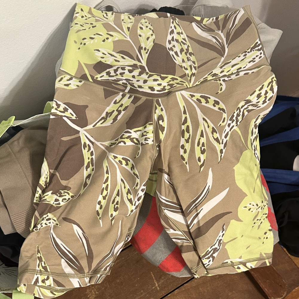 Aerie Tan and Green Floral Bike Shorts